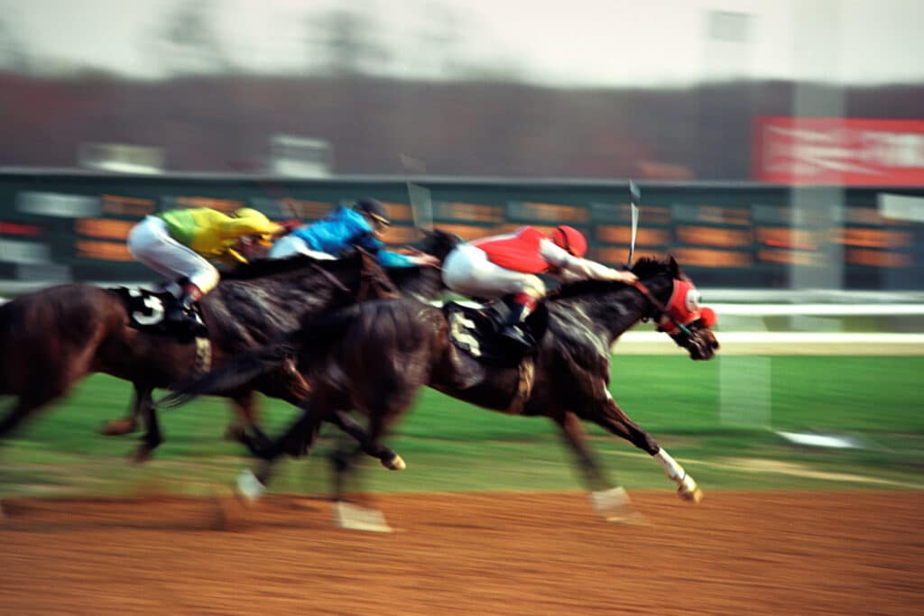 Horses crossing the finish line at a race.