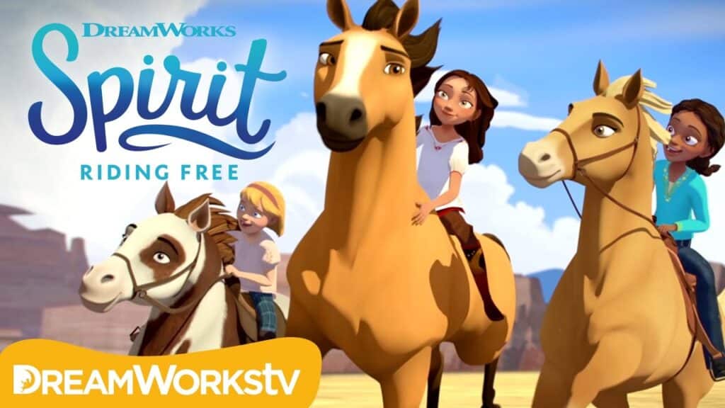 An advertisement for Spirit Riding Free, a family friendly animated tv series on Netflix.