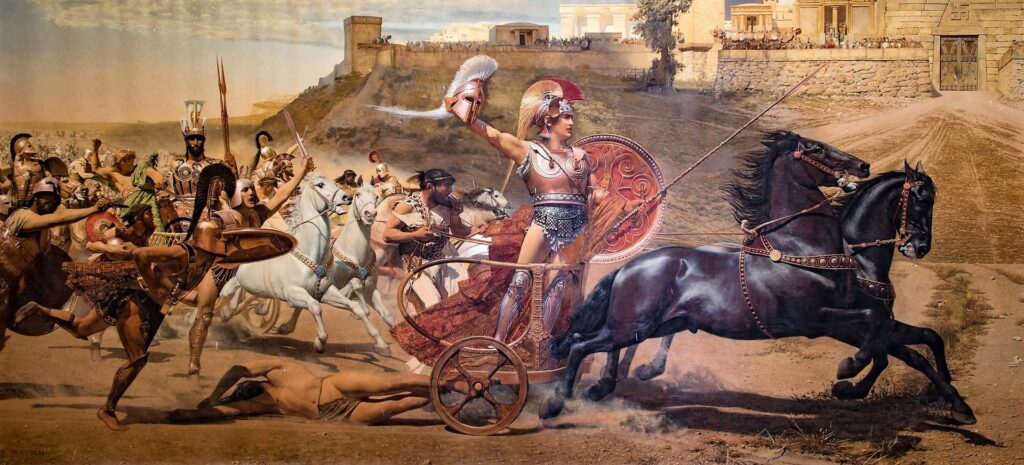 A painting of a medieval horse pulling a war chariot following by ensurers.