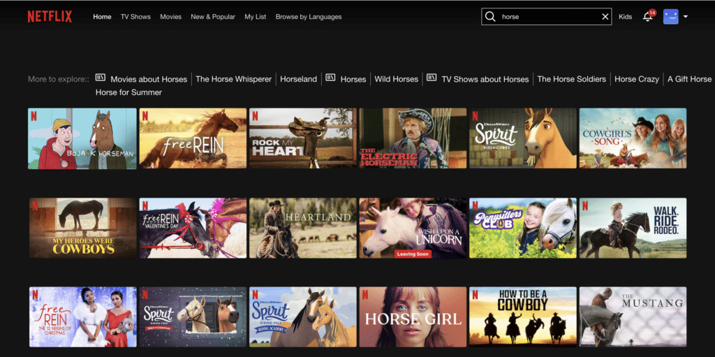 A screenshot of Netflix with a search for Horses.