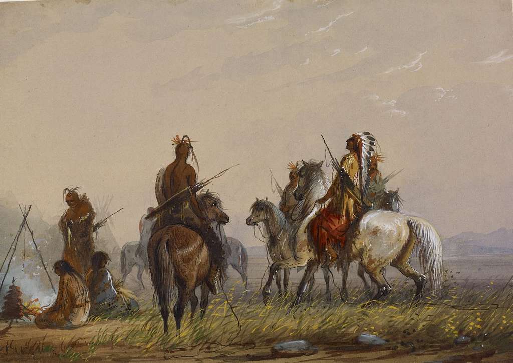 A painting of Native American horses gathered around a fire.