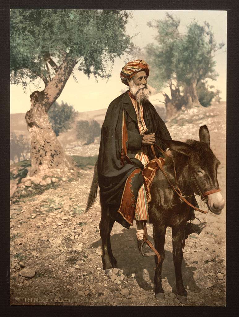 A portrait of a biblical man riding a donkey native to Bethlehem.